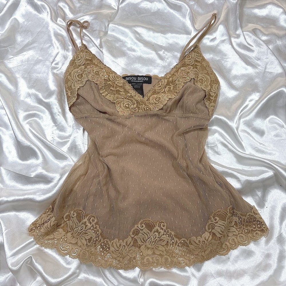 y2k Cami Top Tan Excellent Bisou Bisou Mesh Lace Sequin Point D'esprit Camisole